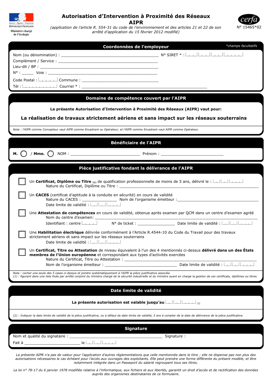 Page 1 du formulaire cerfa 15465 — Autorisation d'intervention à proximité des réseaux (AIPR)