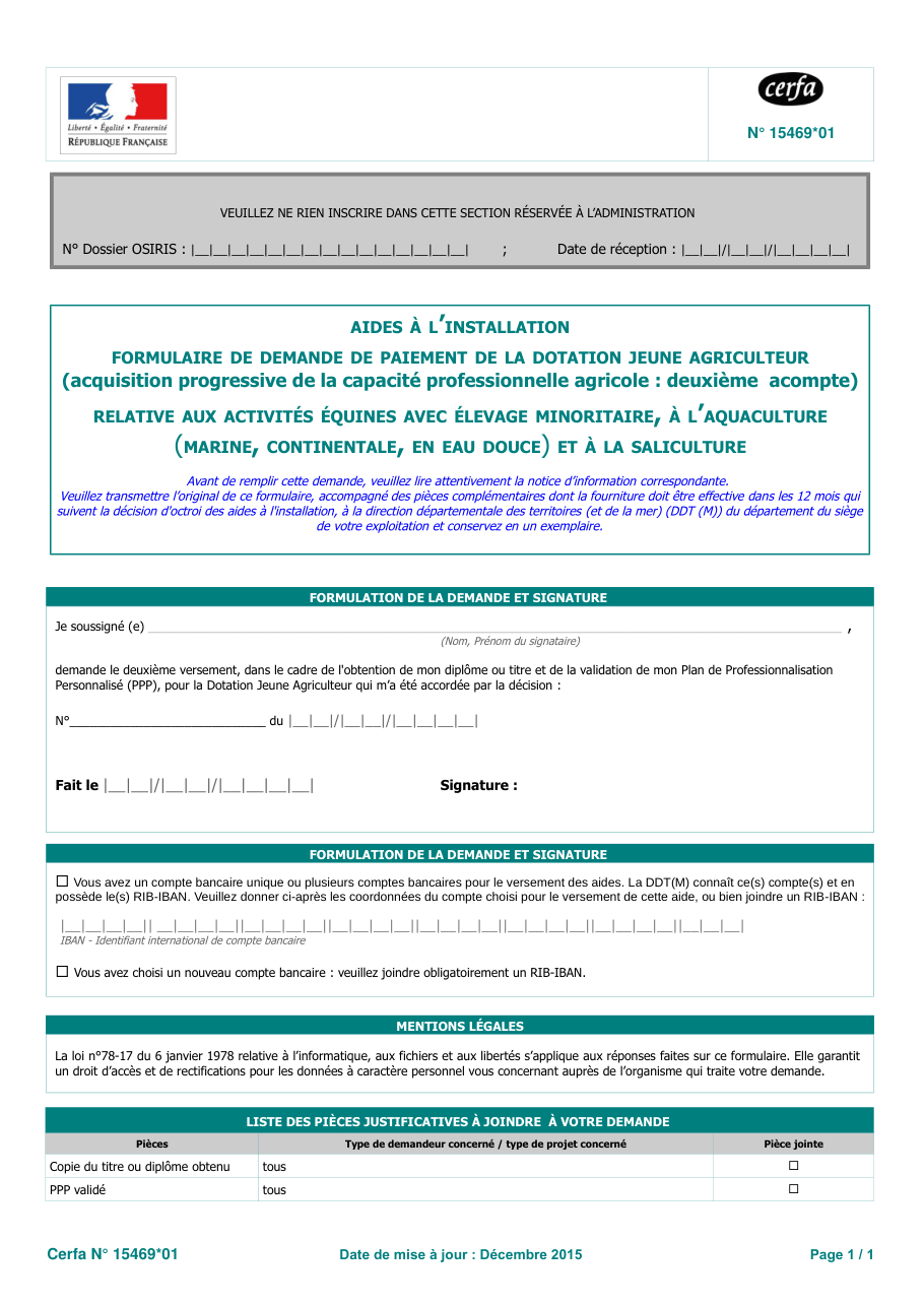 Page 1 du formulaire cerfa 15469 — Demande de versement (deuxième acompte) — acquisition progressive de la capacité