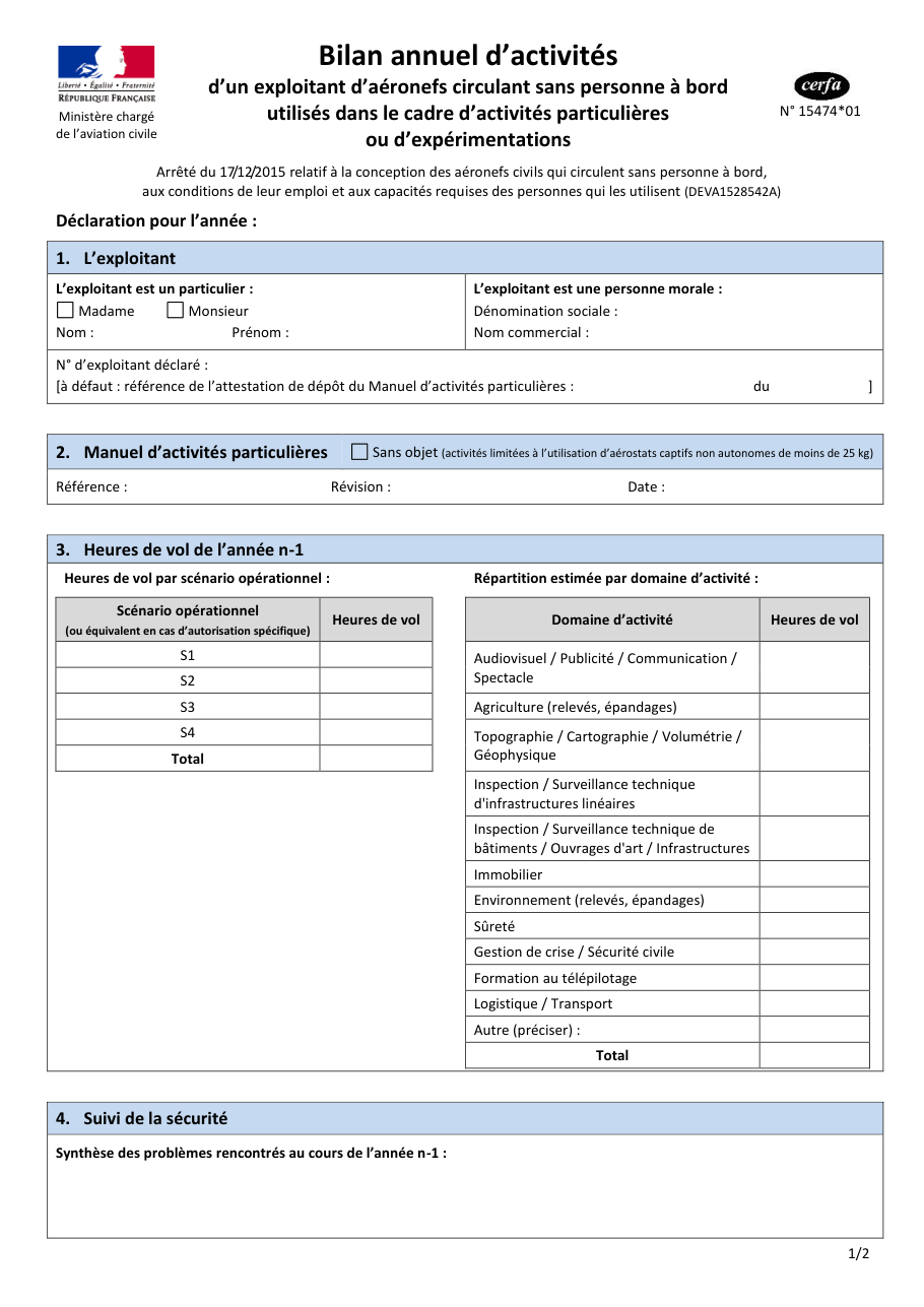 Page 1 du formulaire cerfa 15474 — Bilan annuel d'activités d'un exploitant de drones (aéronefs sans personne à bord)
