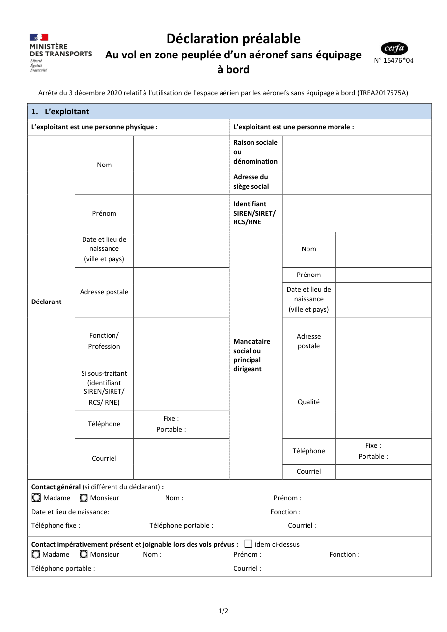 Page 1 du formulaire cerfa 15476 — Déclarer un vol de drone en zone peuplée