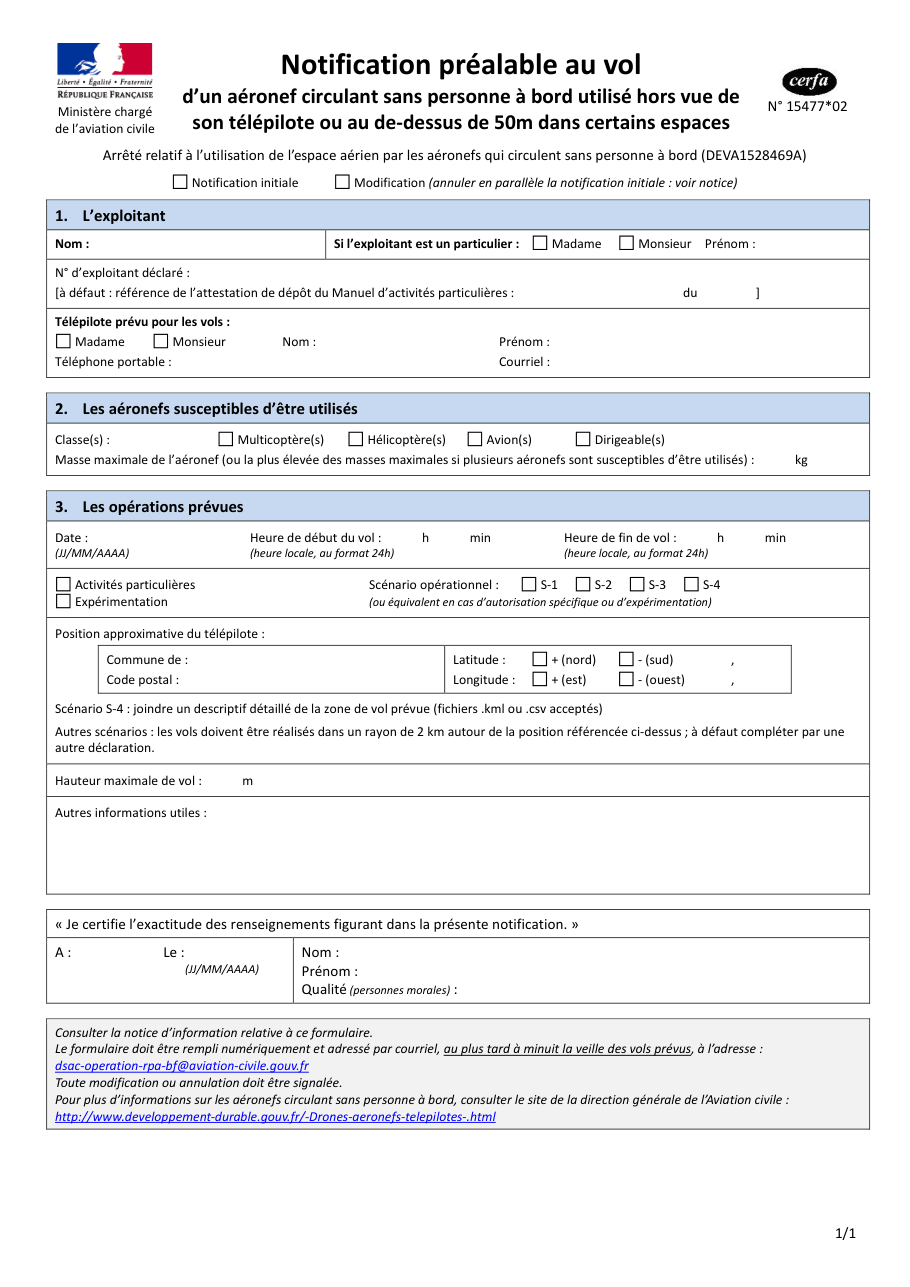 Page 1 du formulaire cerfa 15477 — Notification préalable au vol d'un aéronef sans personne à bord (drone)