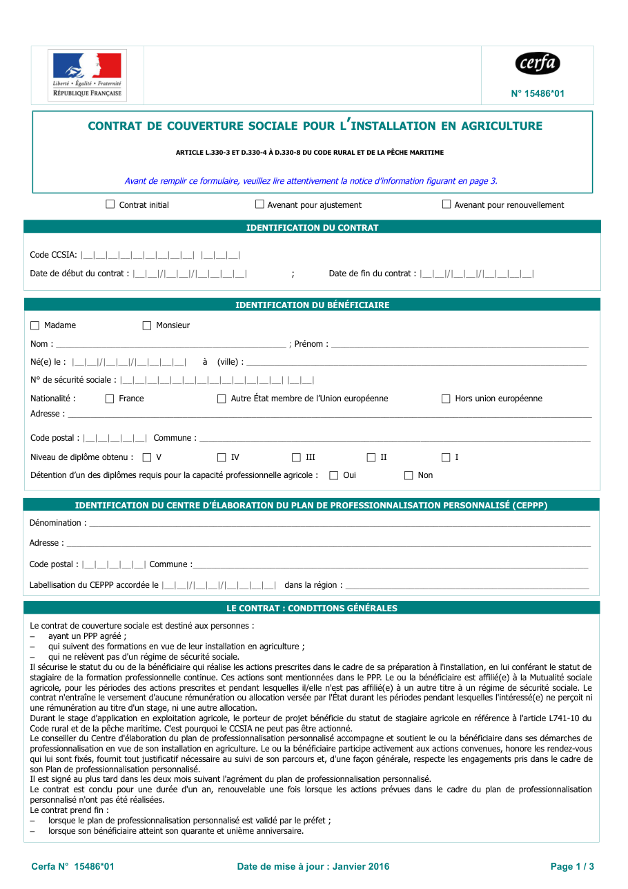 Page 1 du formulaire cerfa 15486 — Contrat de couverture sociale pour l'installation en agriculture