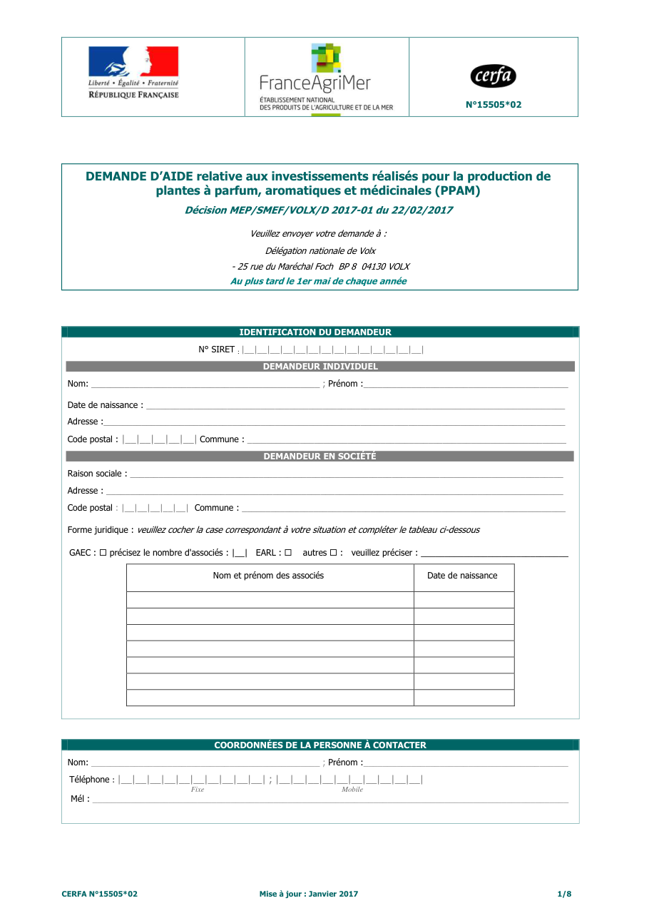 Page 1 du formulaire cerfa 15505 — Demande d'aide relative aux investissements réalisés pour la production de plantes à parfum, aromatiques
