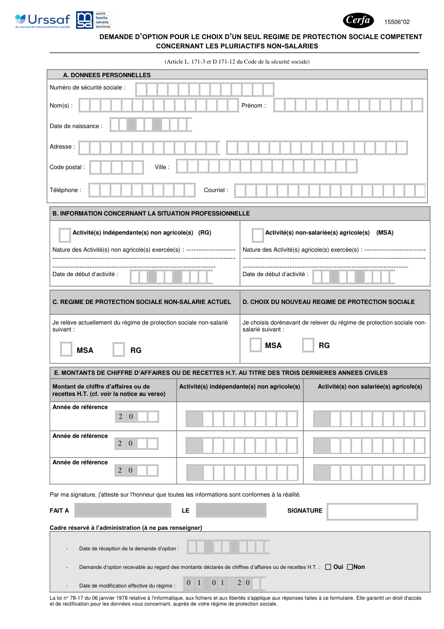 Page 1 du formulaire cerfa 15506 — Demande d'option pour le choix d'un seul régime de protection sociale compétent