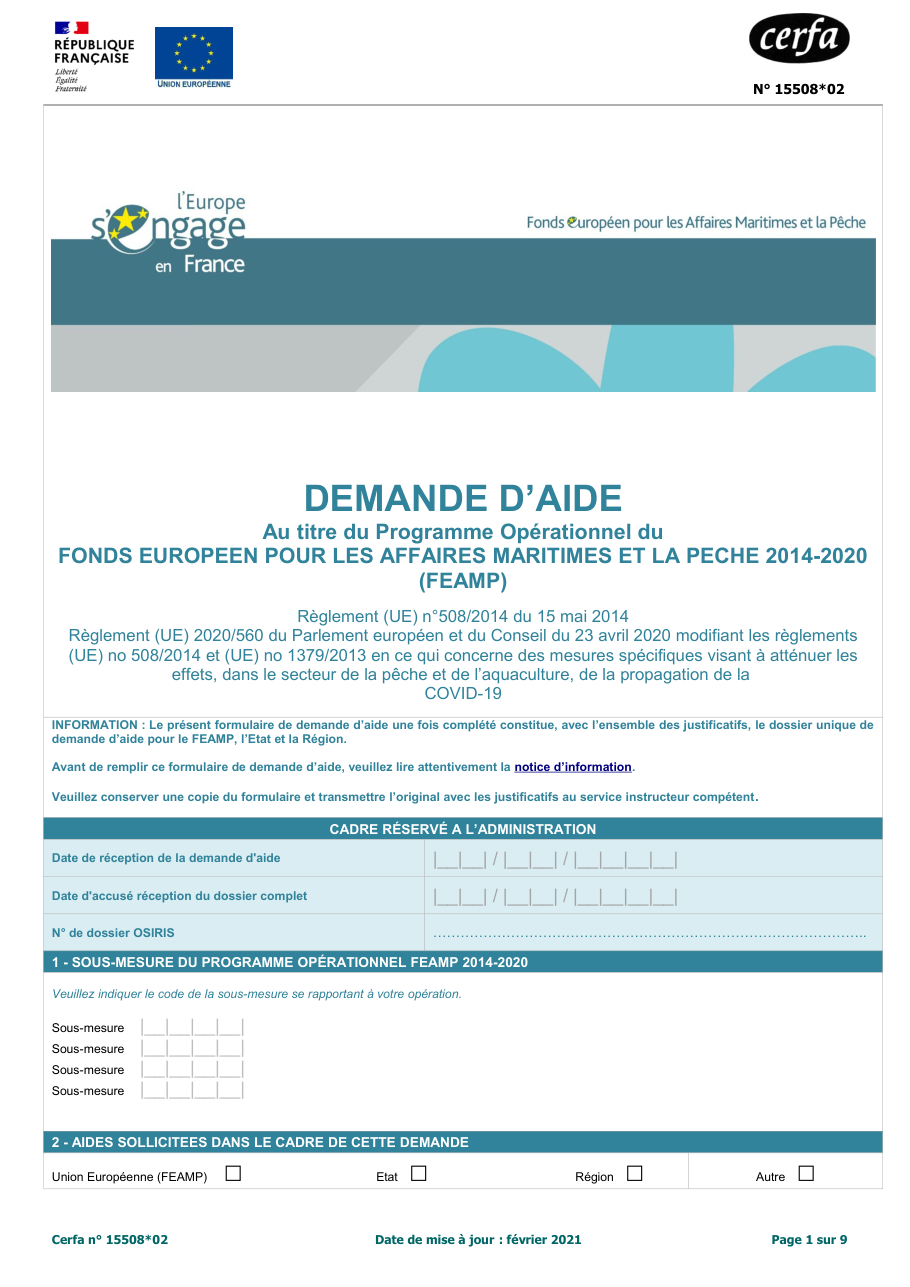 Page 1 du formulaire cerfa 15508 — Demande d'aide FEAMP pour la pêche et l'aquaculture