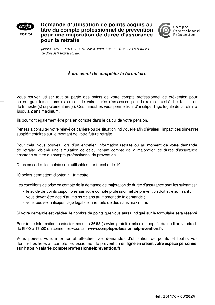 Page 1 du formulaire cerfa 15511 — Demande d'utilisation de points acquis au titre du compte professionnel de prévention pour une majoration de durée d'assurance pour la retraite