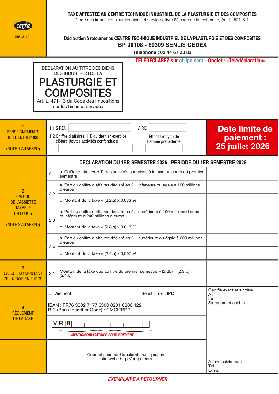 Page 1 du formulaire cerfa 15513 — Déclaration de la taxe affectée à l'industrie de la plasturgie et des composites