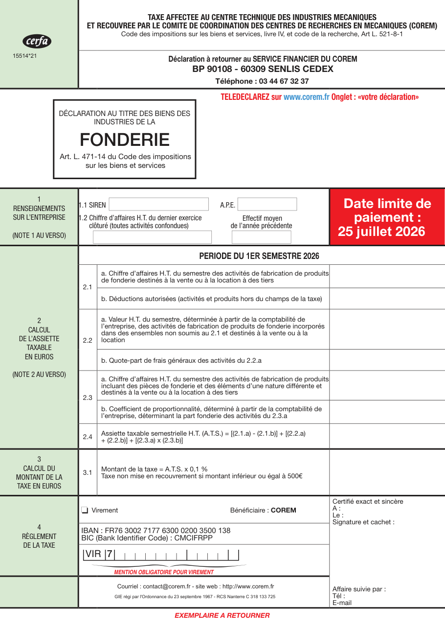 Page 1 du formulaire cerfa 15514 — Déclaration au titre des biens des industries de la fonderie