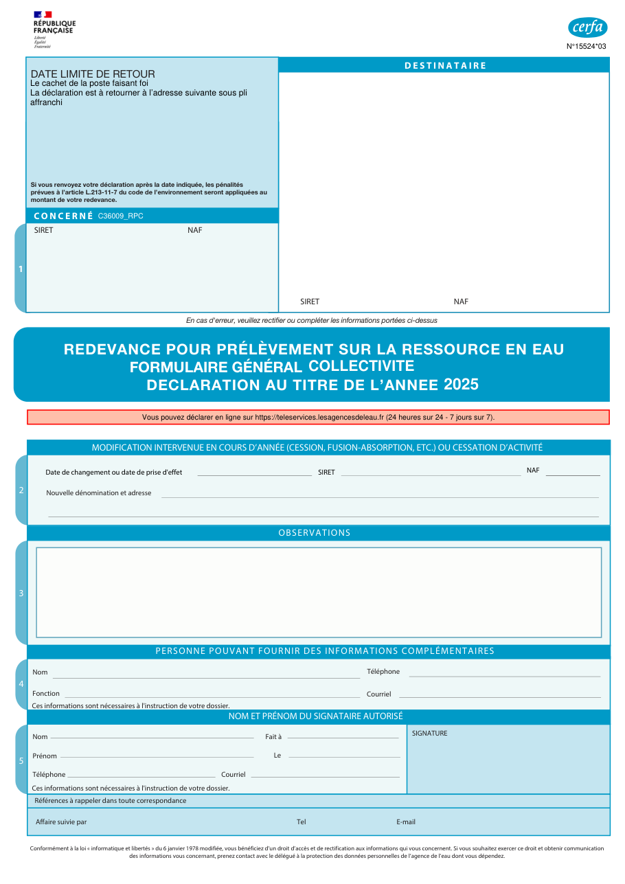 Page 1 du formulaire cerfa 15524 — Déclarer les volumes d'eau prélevés pour la redevance de prélèvement