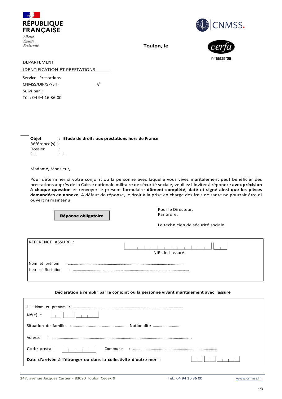 Page 1 du formulaire cerfa 15529 — Identification et prestations – Étude de droits aux prestations hors de France (CNMSS)