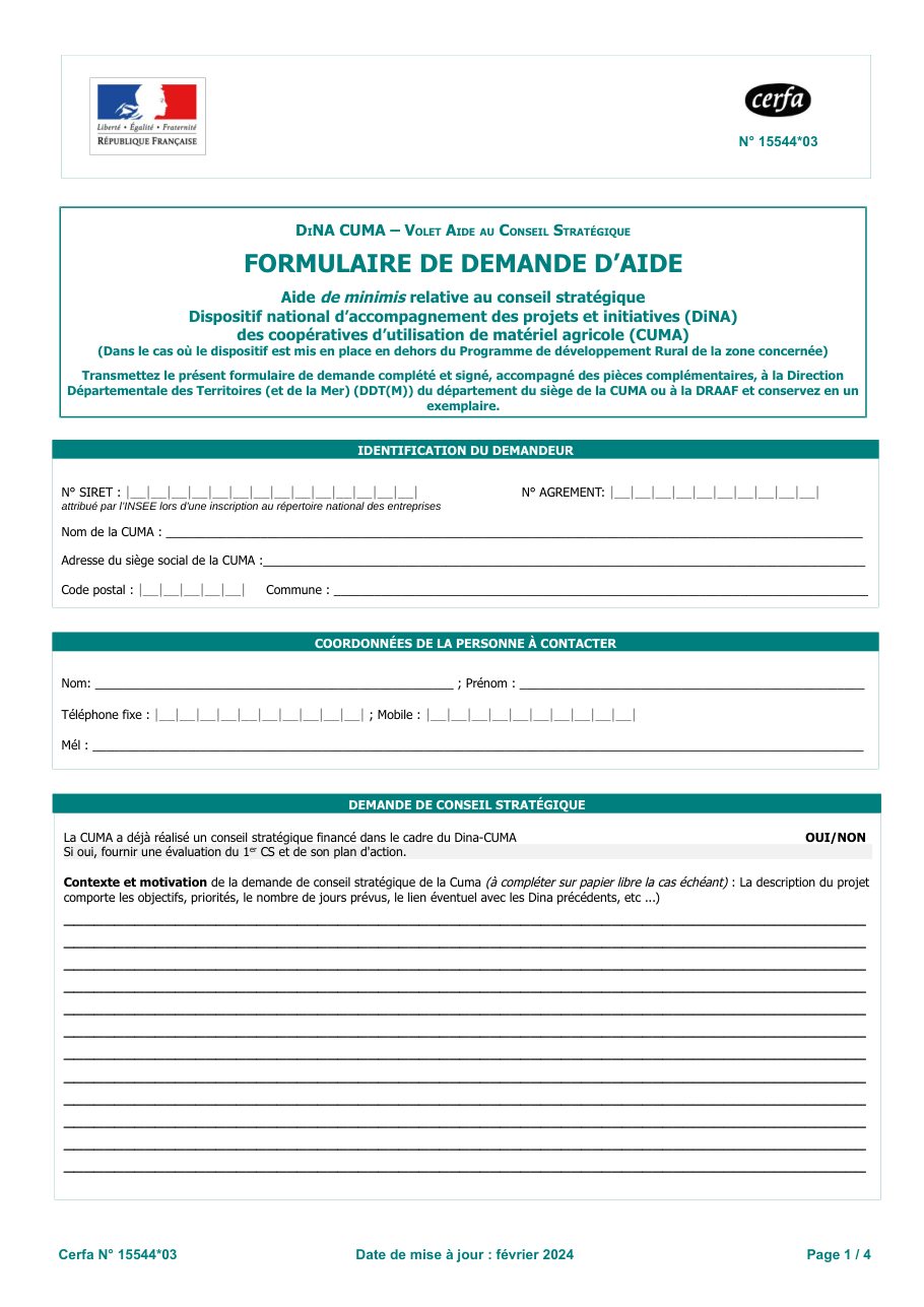 Page 1 du formulaire cerfa 15544 — Formulaire de demande d’aide — DiNA CUMA, volet aide au conseil stratégique