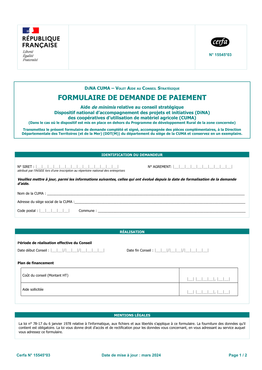 Page 1 du formulaire cerfa 15545 — Formulaire de demande de paiement — DiNA CUMA, volet aide au conseil stratégique