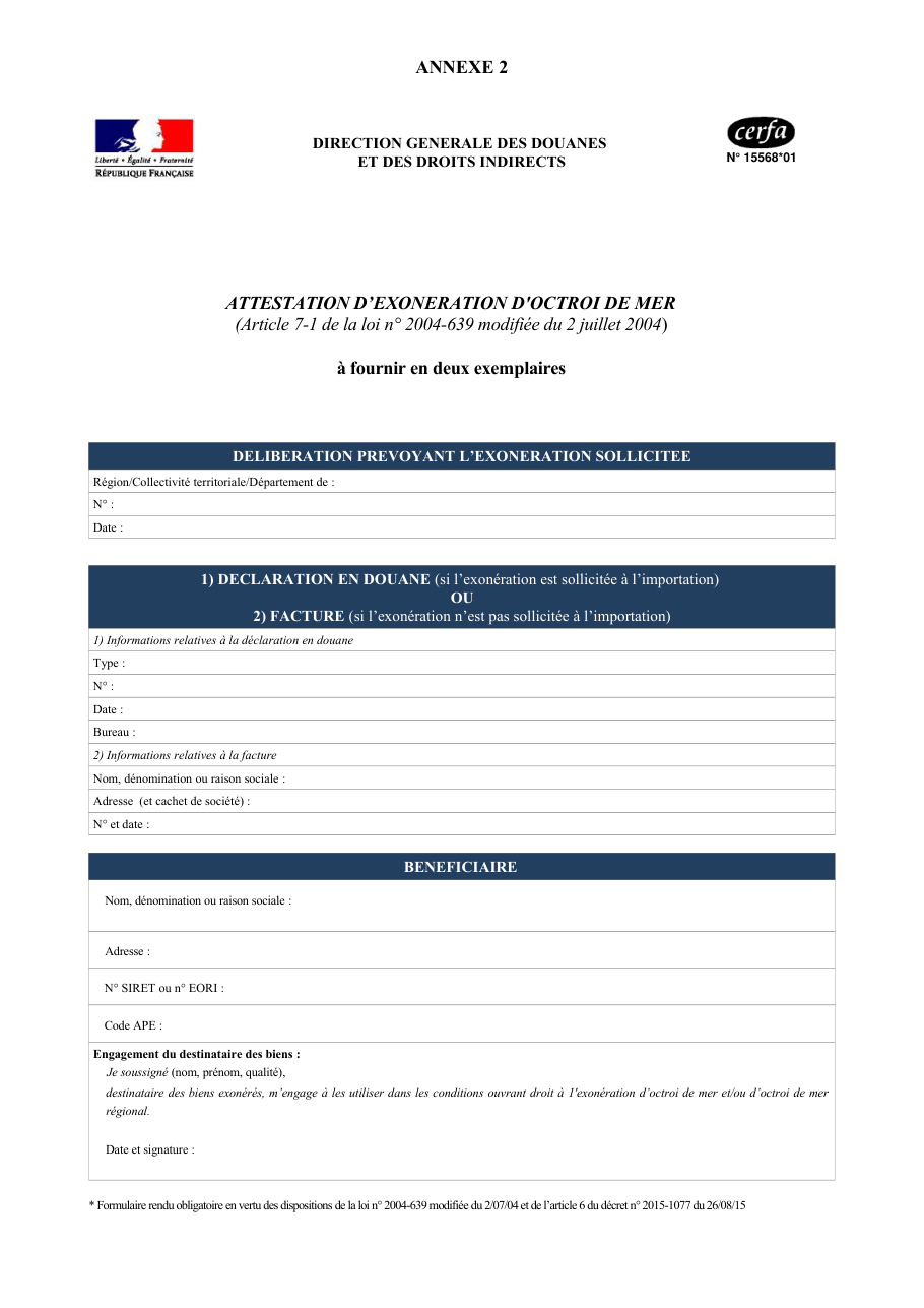 Page 1 du formulaire cerfa 15568 — Attestation d'exonération d'octroi de mer