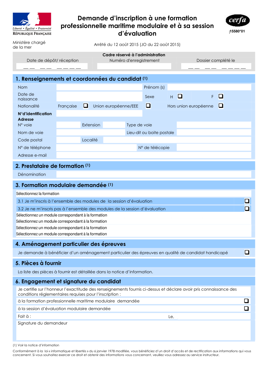 Page 1 du formulaire cerfa 15580 — Demande d'inscription à une formation professionnelle maritime modulaire et à sa session d'évaluation