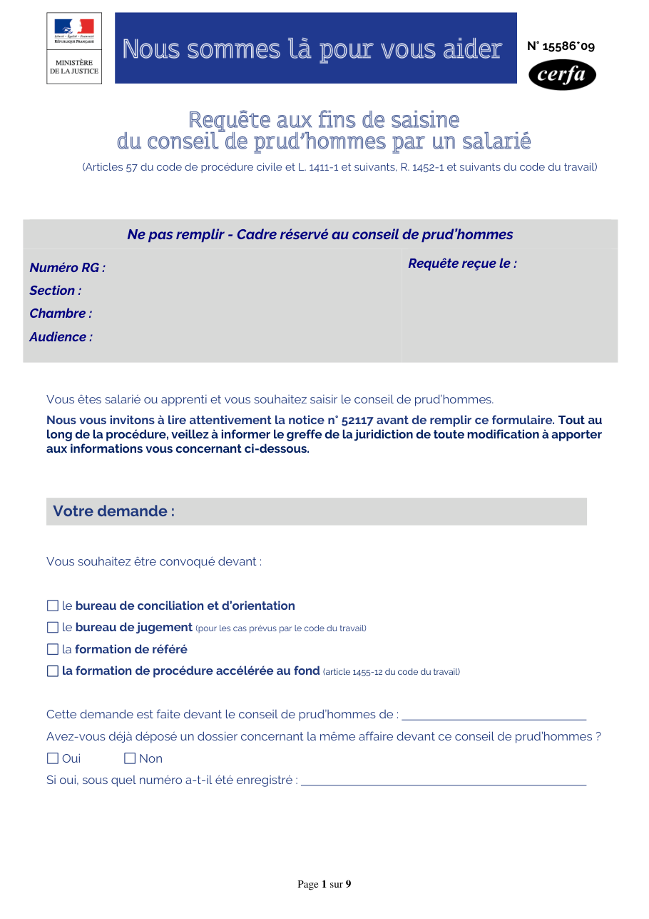 Page 1 du formulaire cerfa 15586 — Requête aux fins de saisine du conseil de prud'hommes