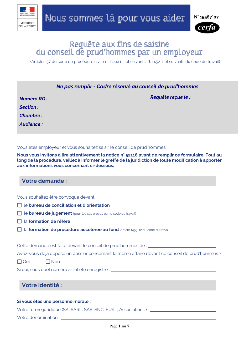 Page 1 du formulaire cerfa 15587 — Requête aux fins de saisine du conseil de prud'hommes (employeur)