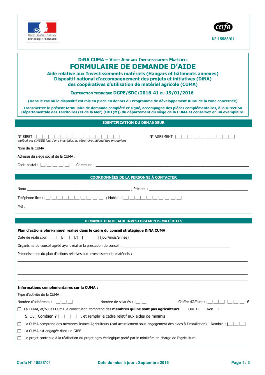 Page 1 du formulaire cerfa 15588 — Formulaire de demande d'aide aux investissements matériels des CUMA
