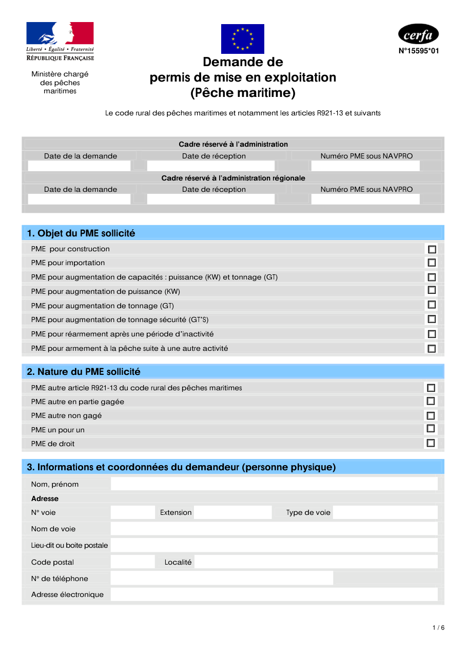 Page 1 du formulaire cerfa 15595 — Demander un permis de mise en exploitation pour un navire de pêche