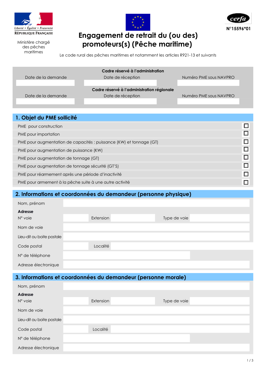 Page 1 du formulaire cerfa 15596 — Engagement de retrait de navire ou de décision PME (pêche maritime)