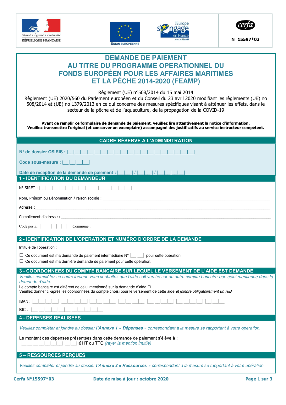 Page 1 du formulaire cerfa 15597 — Demande de paiement au titre du programme opérationnel du Fonds européen pour les affaires maritimes