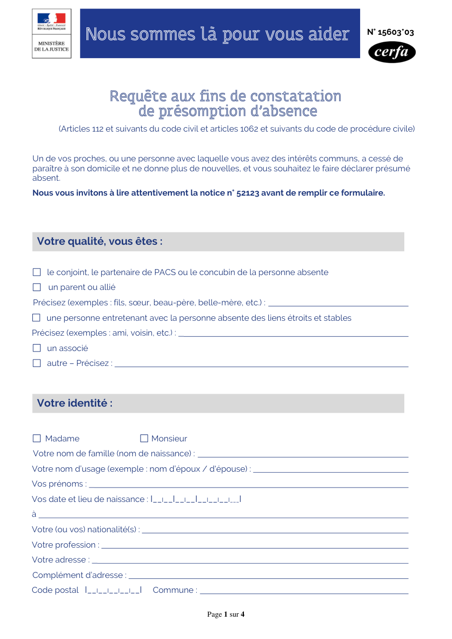 Page 1 du formulaire cerfa 15603 — Requête aux fins de constatation de présomption d'absence