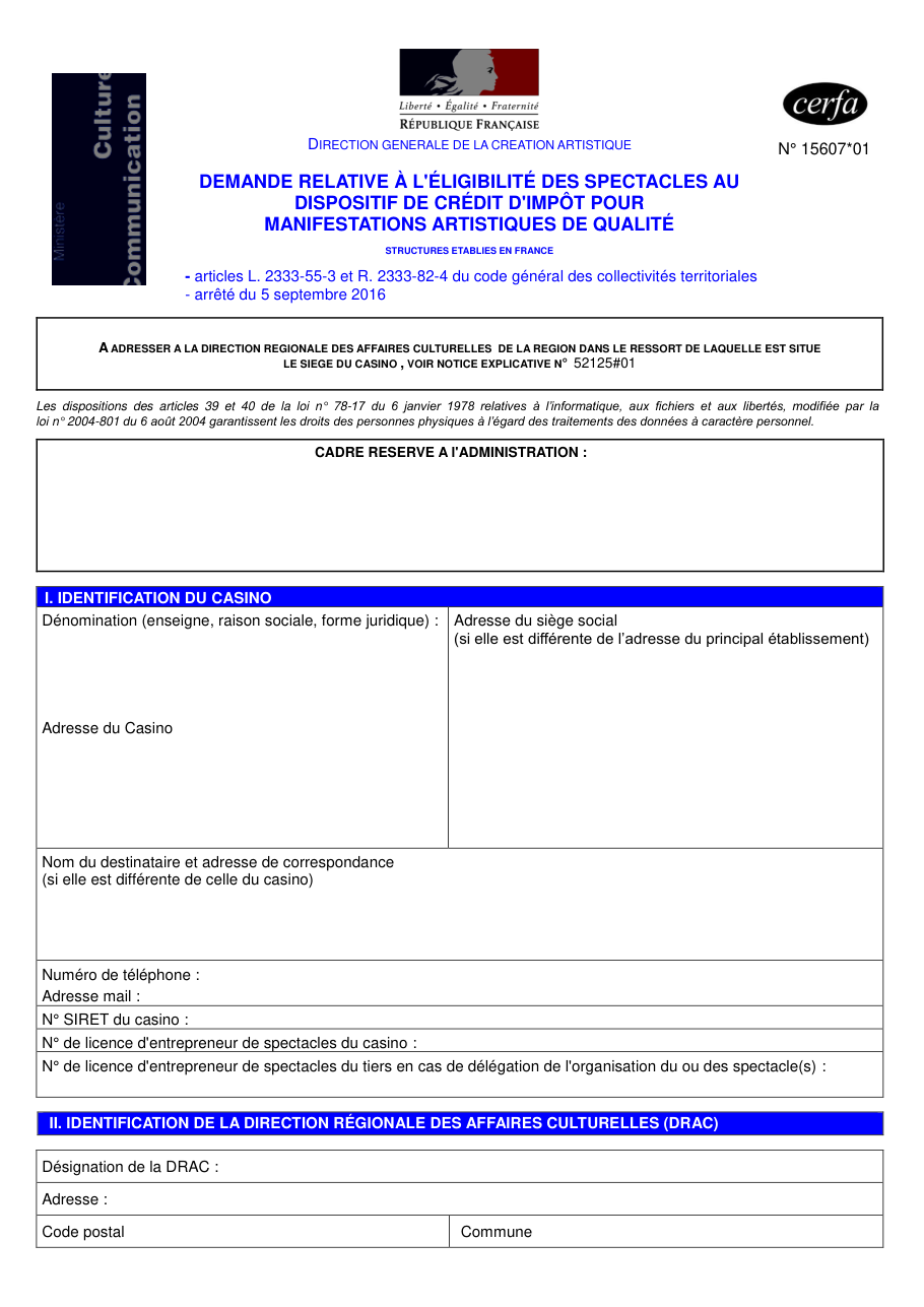 Page 1 du formulaire cerfa 15607 — Demande relative à l'éligibilité des spectacles au dispositif de crédit d'impôt pour manifestations artistiques de qualité