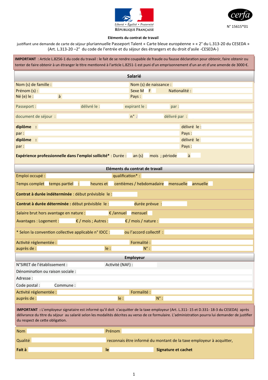 Page 1 du formulaire cerfa 15615 — Éléments du contrat de travail justifiant une demande de carte de séjour pluriannuelle