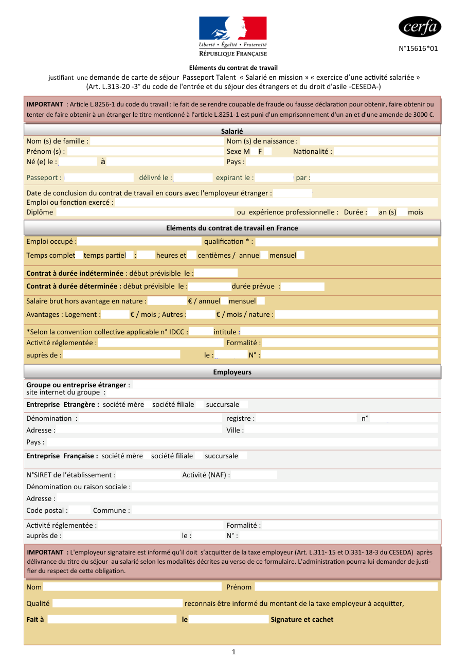 Page 1 du formulaire cerfa 15616 — Éléments du contrat de travail pour une carte de séjour Passeport Talent — acquittement