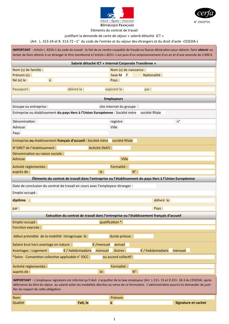 Page 1 du formulaire cerfa 15619 — Éléments du contrat de travail justifiant la demande de carte de séjour « salarié détaché