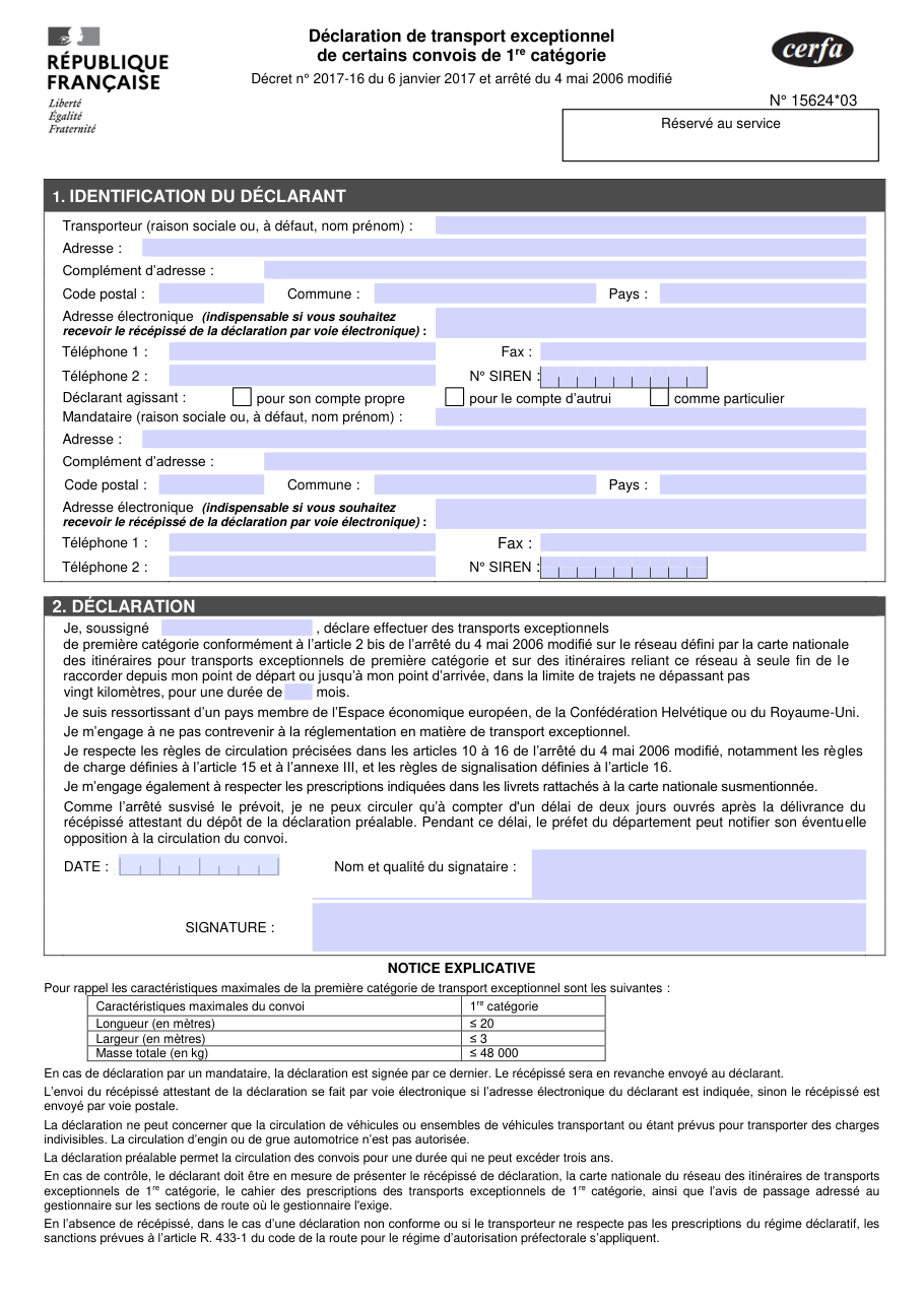 Page 1 du formulaire cerfa 15624 — Déclaration de transport exceptionnel de certains convois de 1re catégorie