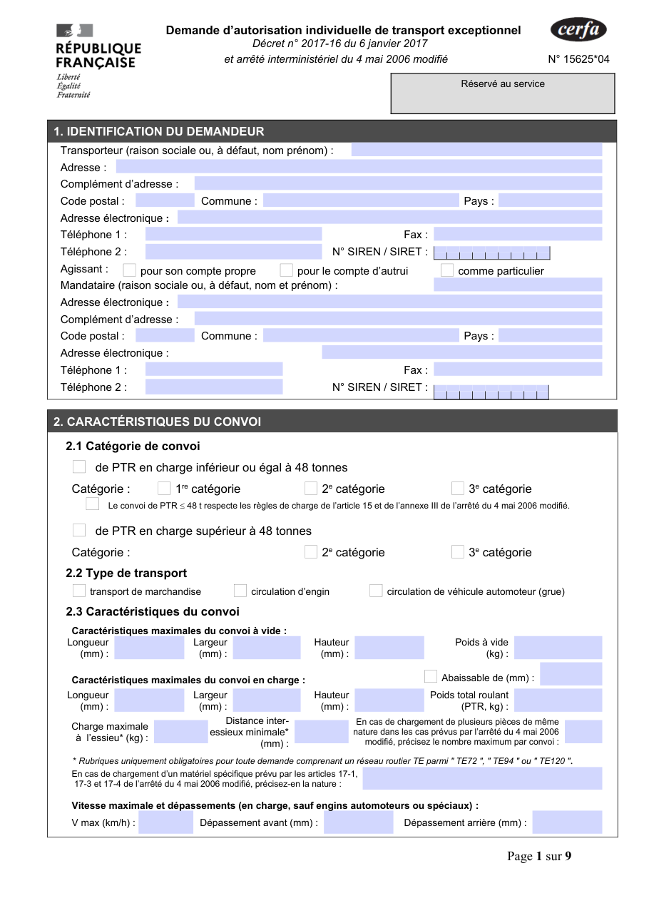 Page 1 du formulaire cerfa 15625 — Demande d'autorisation individuelle de transport exceptionnel