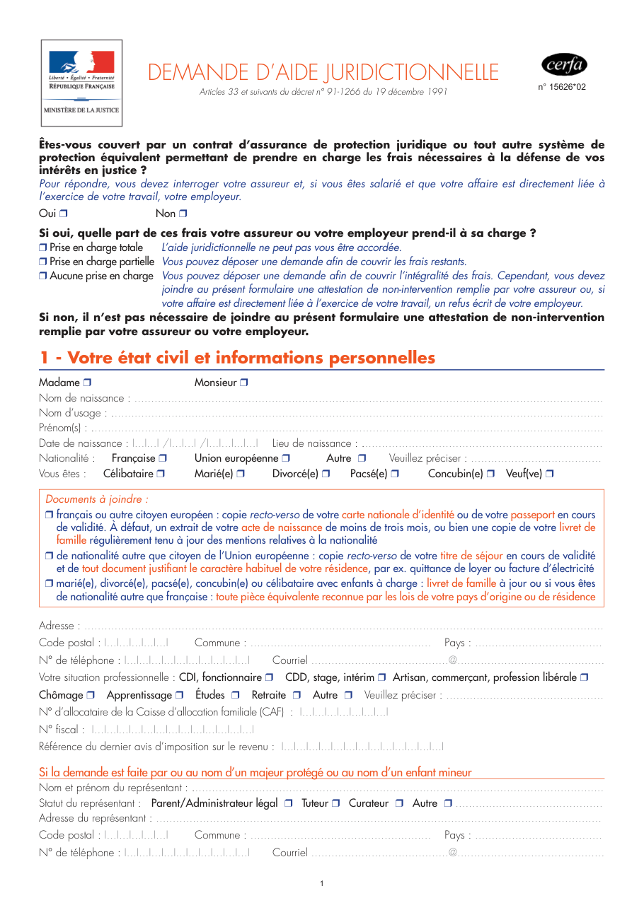 Page 1 du formulaire cerfa 15626 — Demande d’aide juridictionnelle