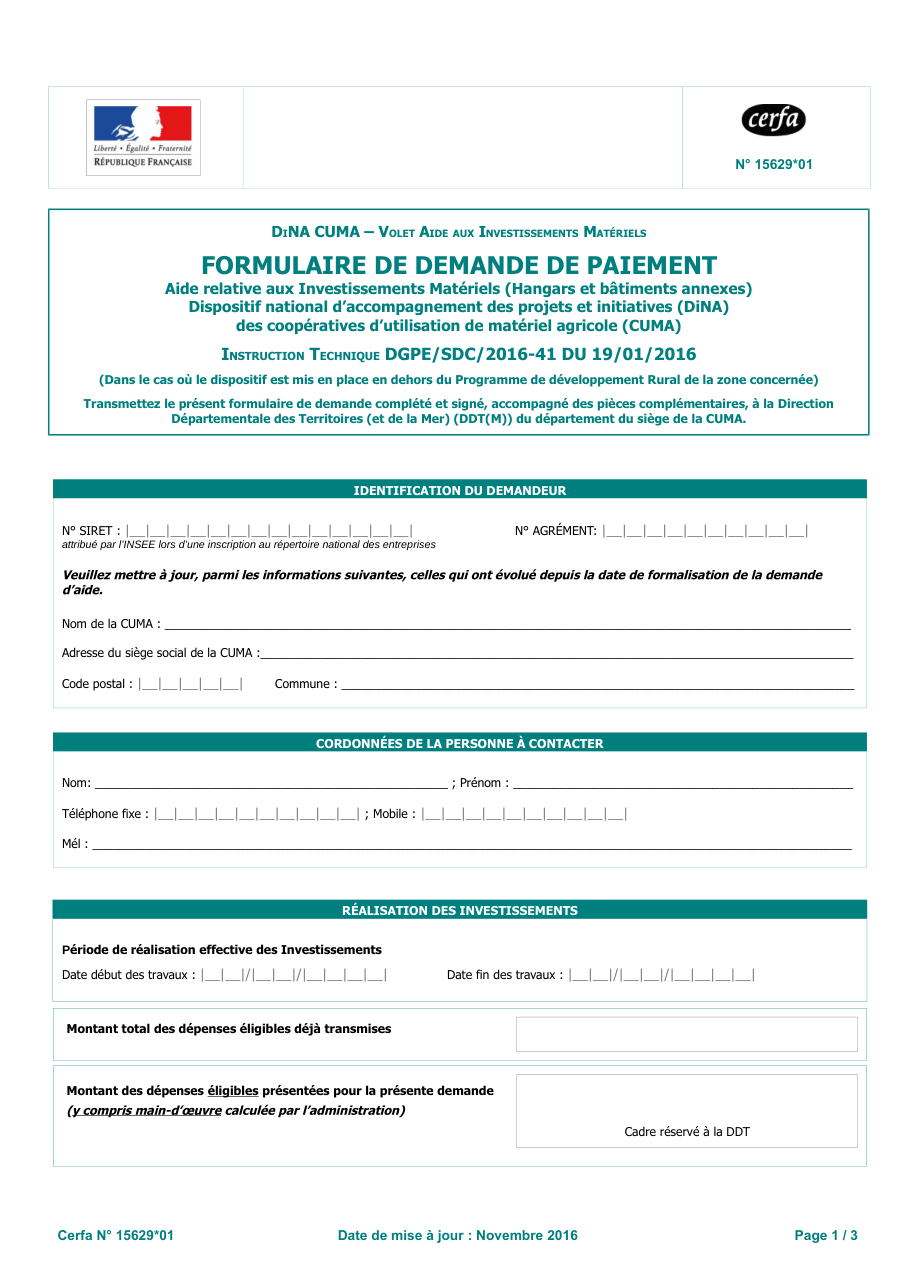 Page 1 du formulaire cerfa 15629 — Formulaire de demande de paiement — aide aux investissements matériels des CUMA (DiNA)