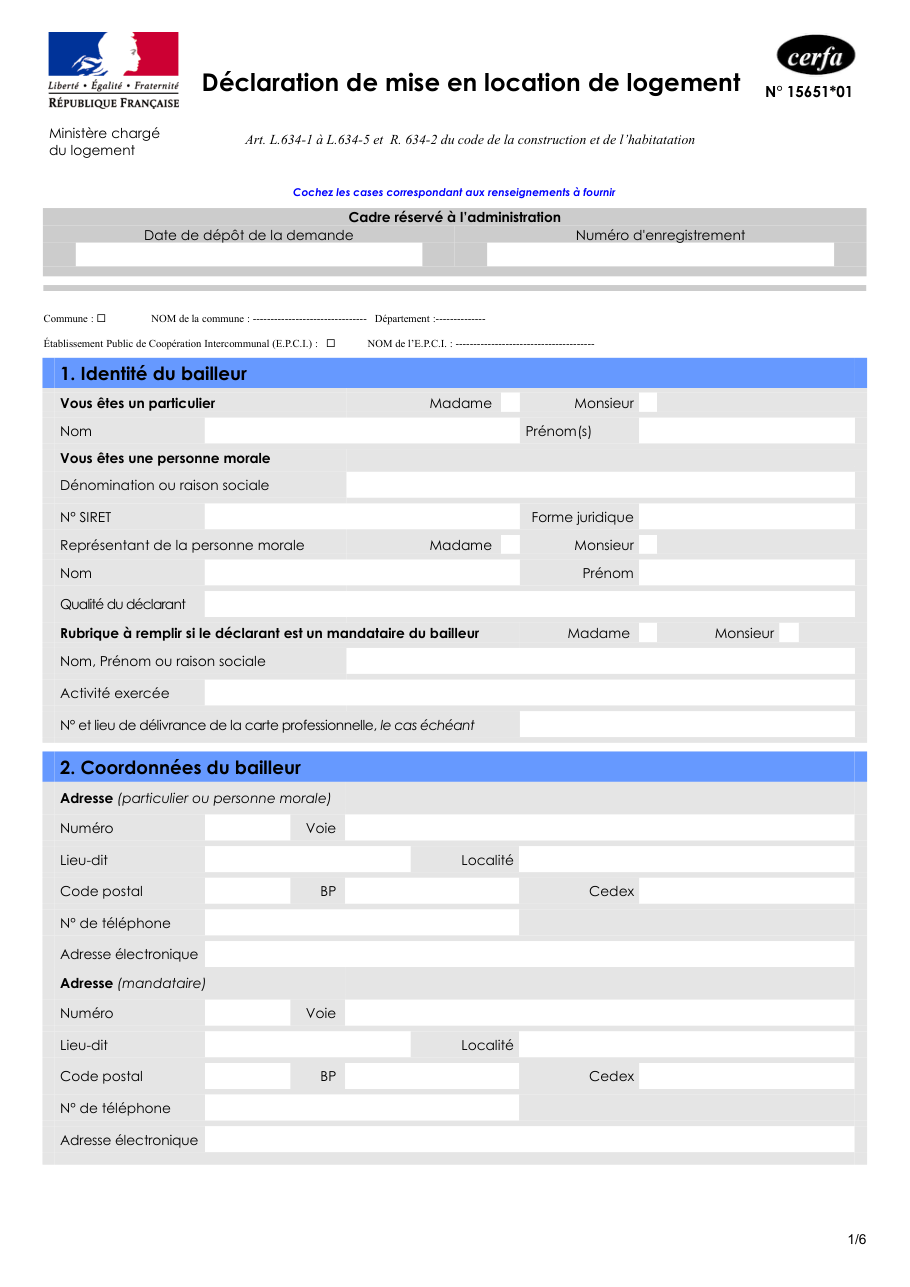 Page 1 du formulaire cerfa 15651 — Déclarer la mise en location d'un logement