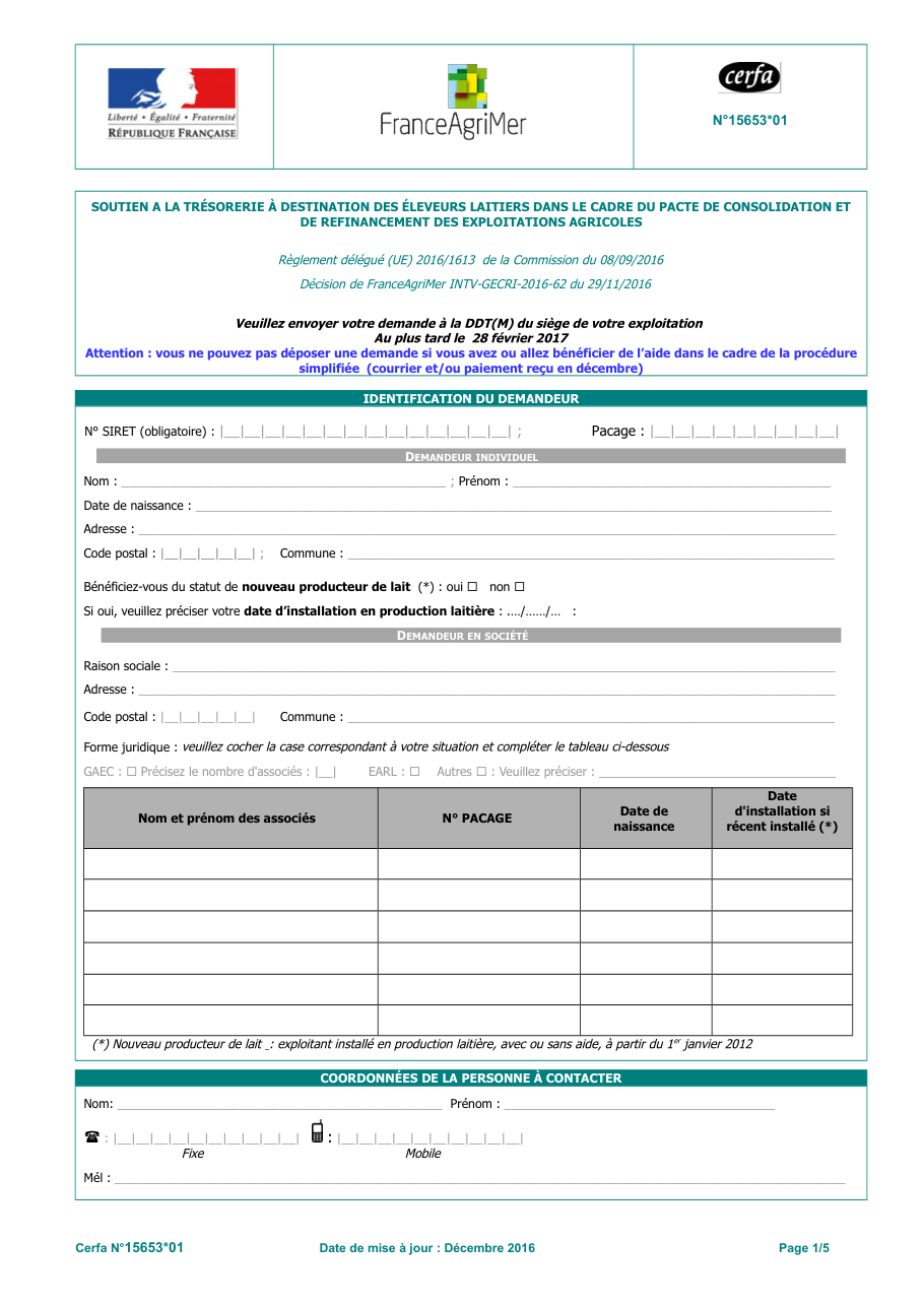 Page 1 du formulaire cerfa 15653 — Soutien à la trésorerie des éleveurs laitiers – Pacte de consolidation et de refinancement