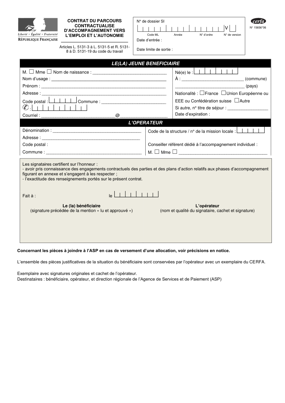 Page 1 du formulaire cerfa 15656 — Contrat — identité du jeune bénéficiaire et de l'opérateur