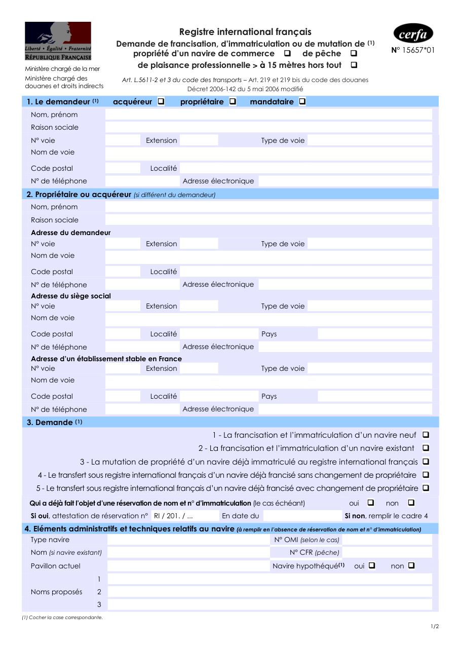 Page 1 du formulaire cerfa 15657 — Registre international français