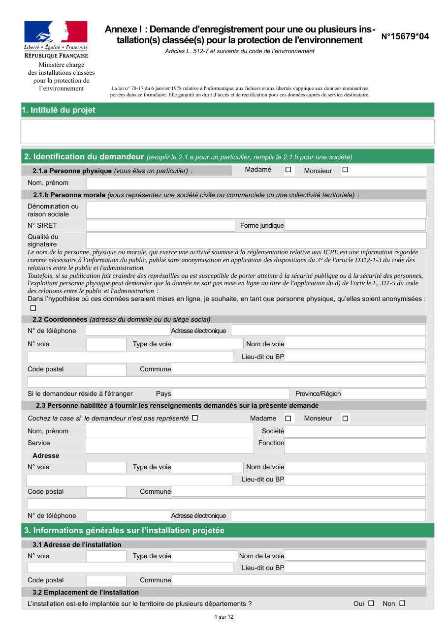 Page 1 du formulaire cerfa 15679 — Annexe I : demande d'enregistrement pour une ou plusieurs installations classées