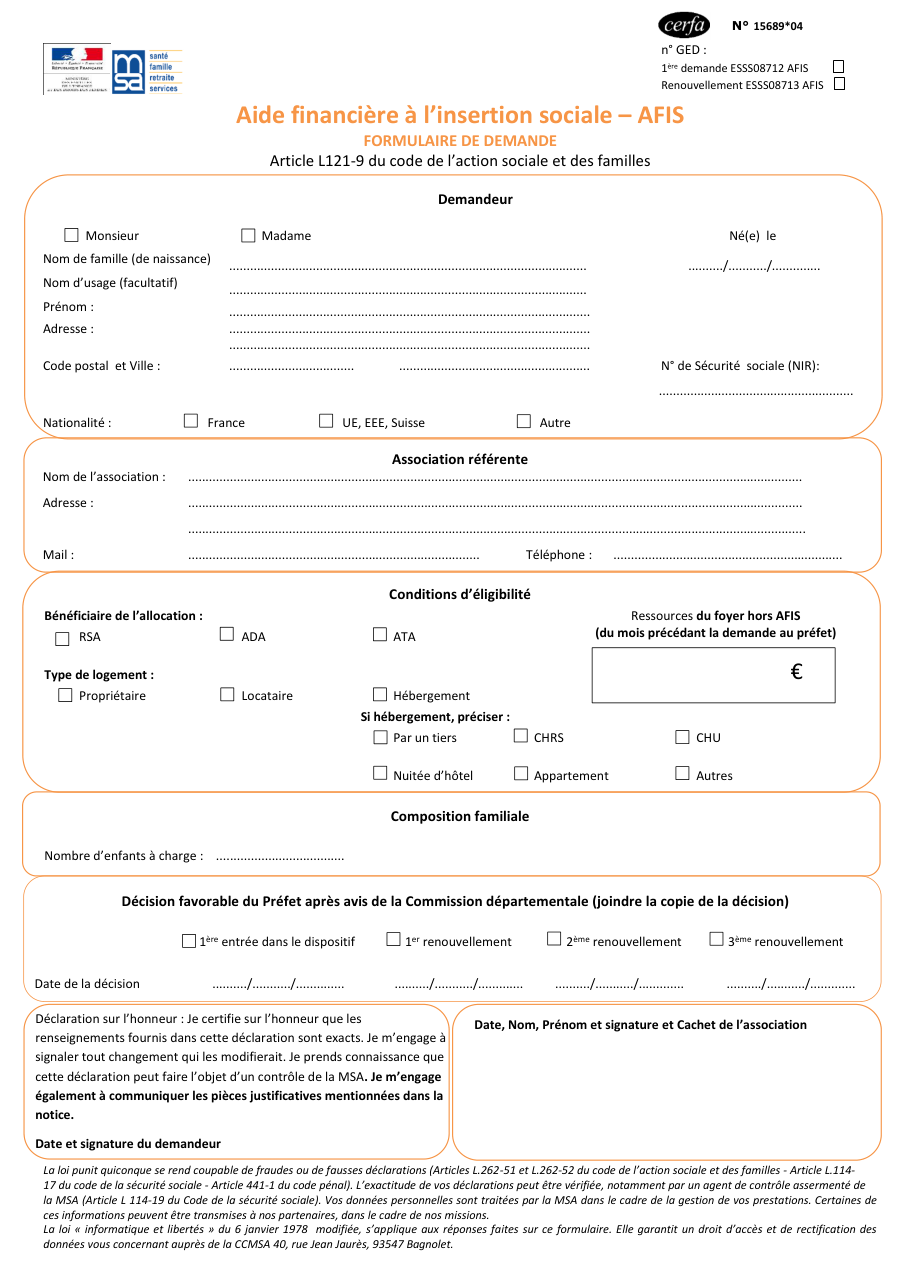 Page 1 du formulaire cerfa 15689 — Aide financière à l’insertion sociale – AFIS