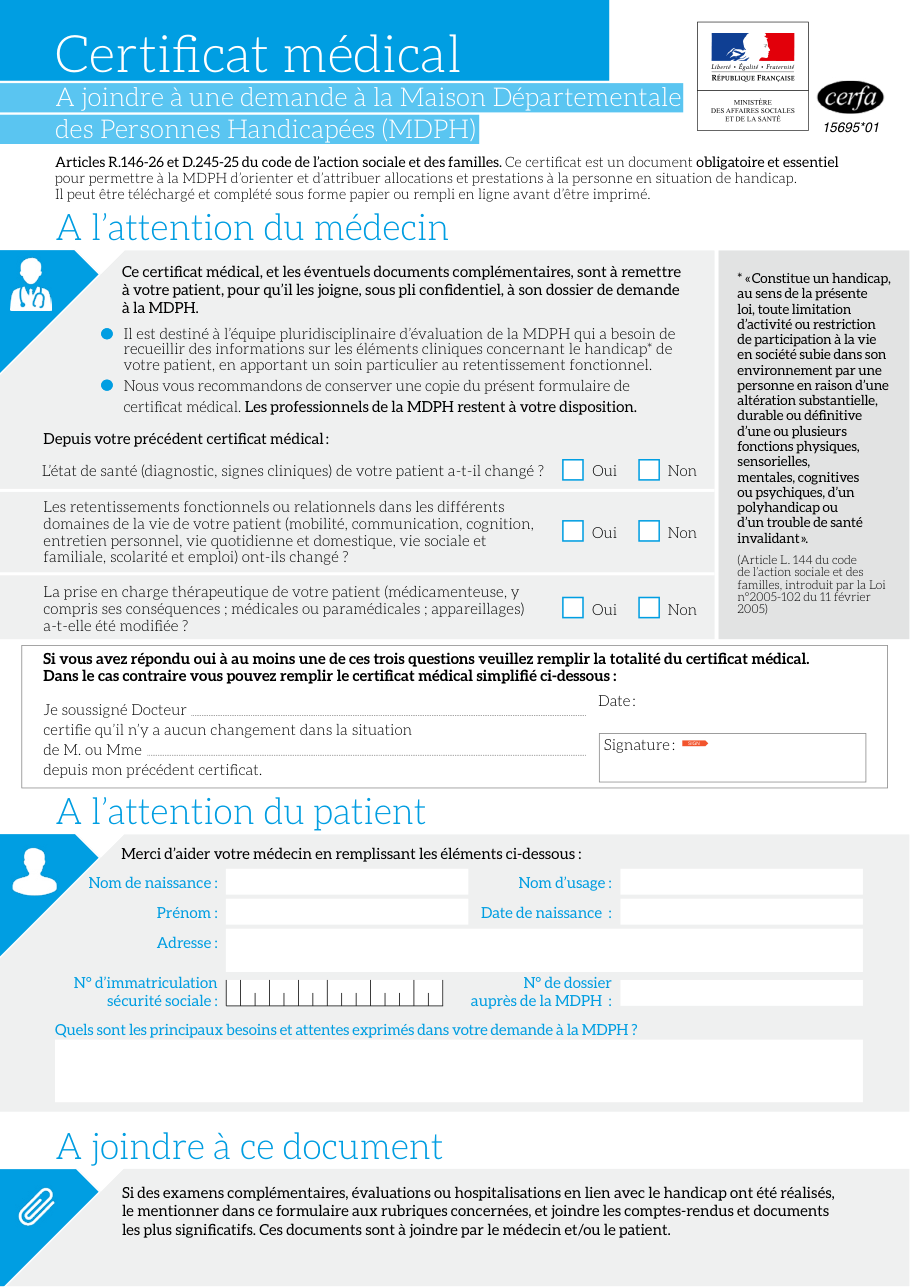 Page 1 du formulaire cerfa 15695 — Certificat médical à joindre à une demande à la MDPH