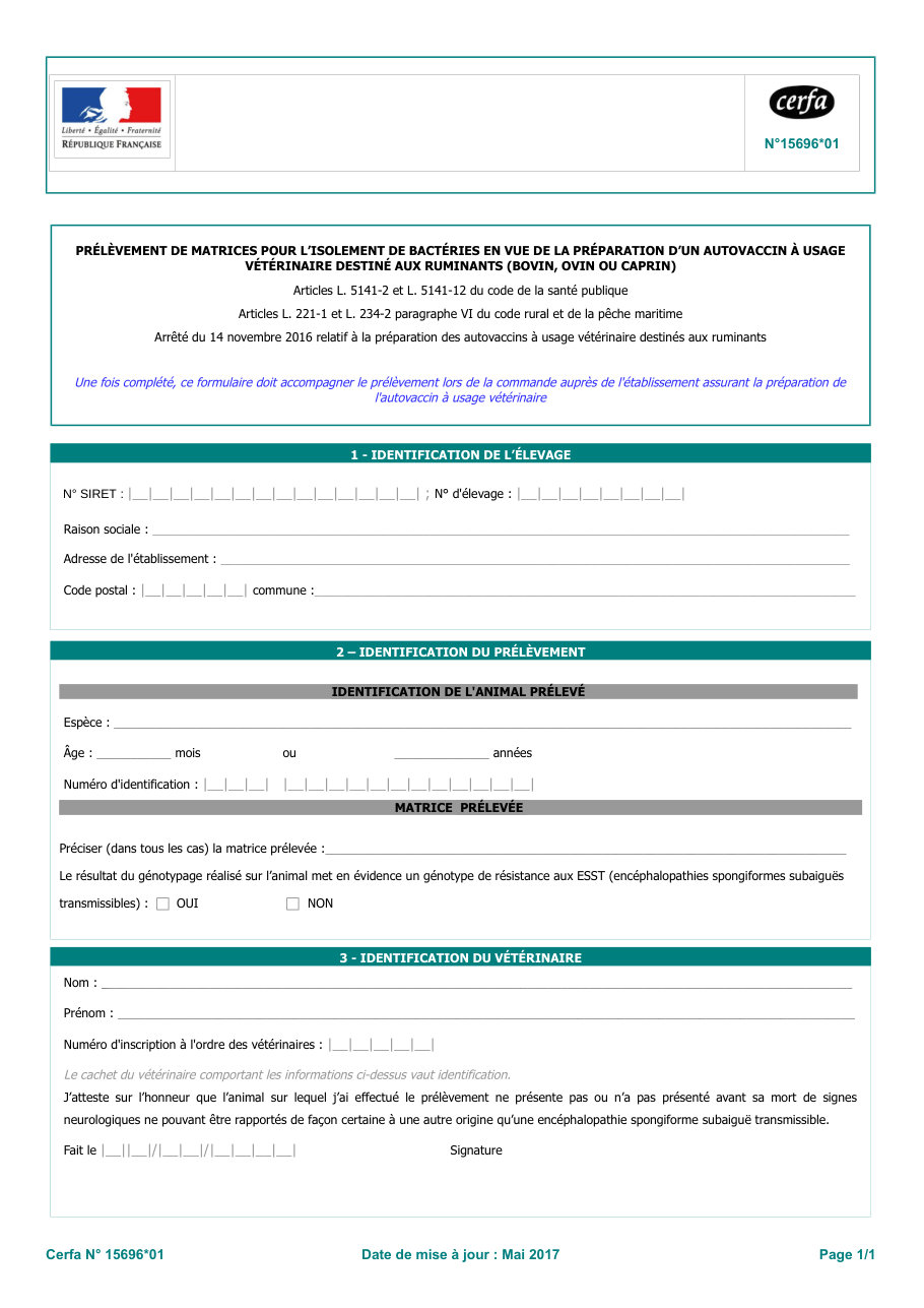 Page 1 du formulaire cerfa 15696 — Accompagner un prélèvement pour la préparation d'un autovaccin vétérinaire destiné aux ruminants