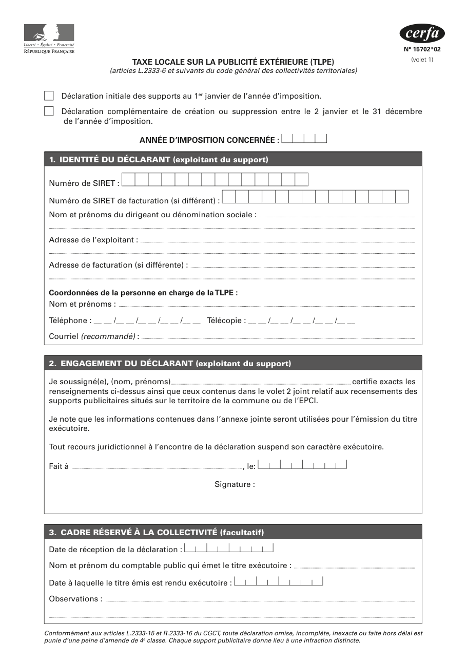 Page 1 du formulaire cerfa 15702 — Déclarer ses supports publicitaires pour la taxe locale sur la publicité extérieure (TLPE)