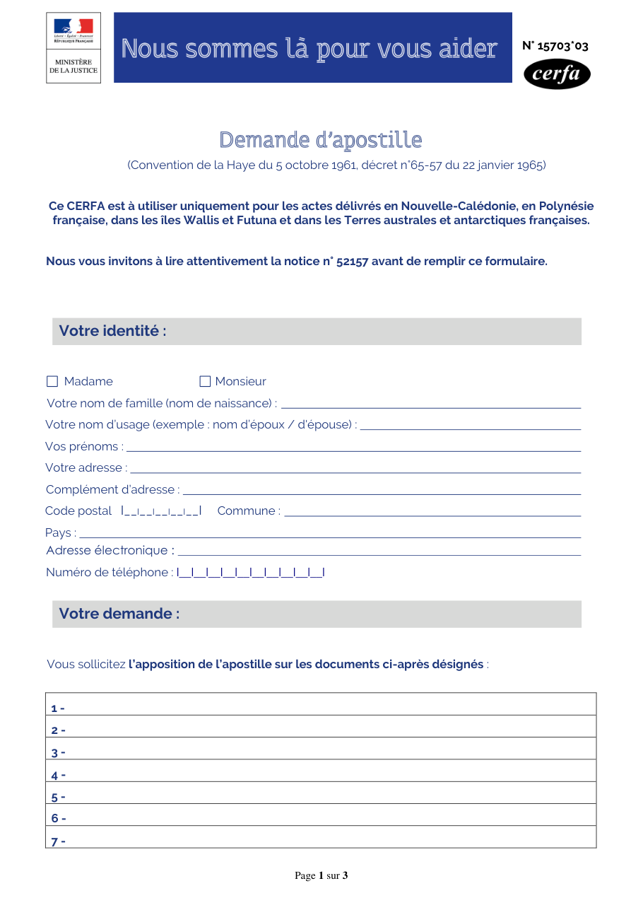 Page 1 du formulaire cerfa 15703 — Demande d'apposition d'apostille sur des actes délivrés en Nouvelle-Calédonie