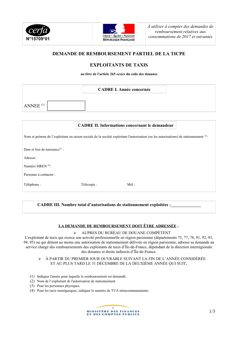 Page 1 du formulaire cerfa 15709 — Demande de remboursement partiel de la TICPE, exploitants de taxis