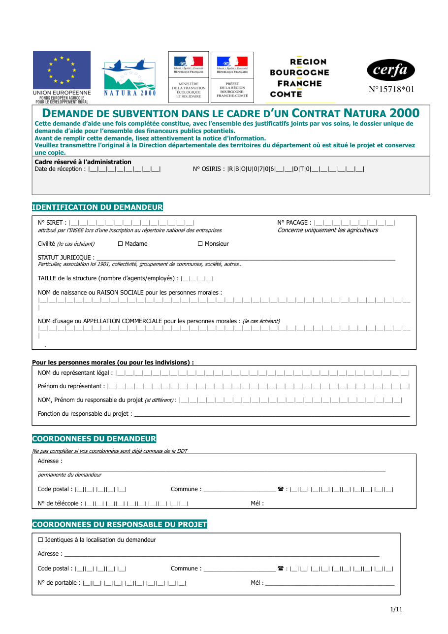 Page 1 du formulaire cerfa 15718 — Demande de subvention dans le cadre d'un contrat Natura 2000