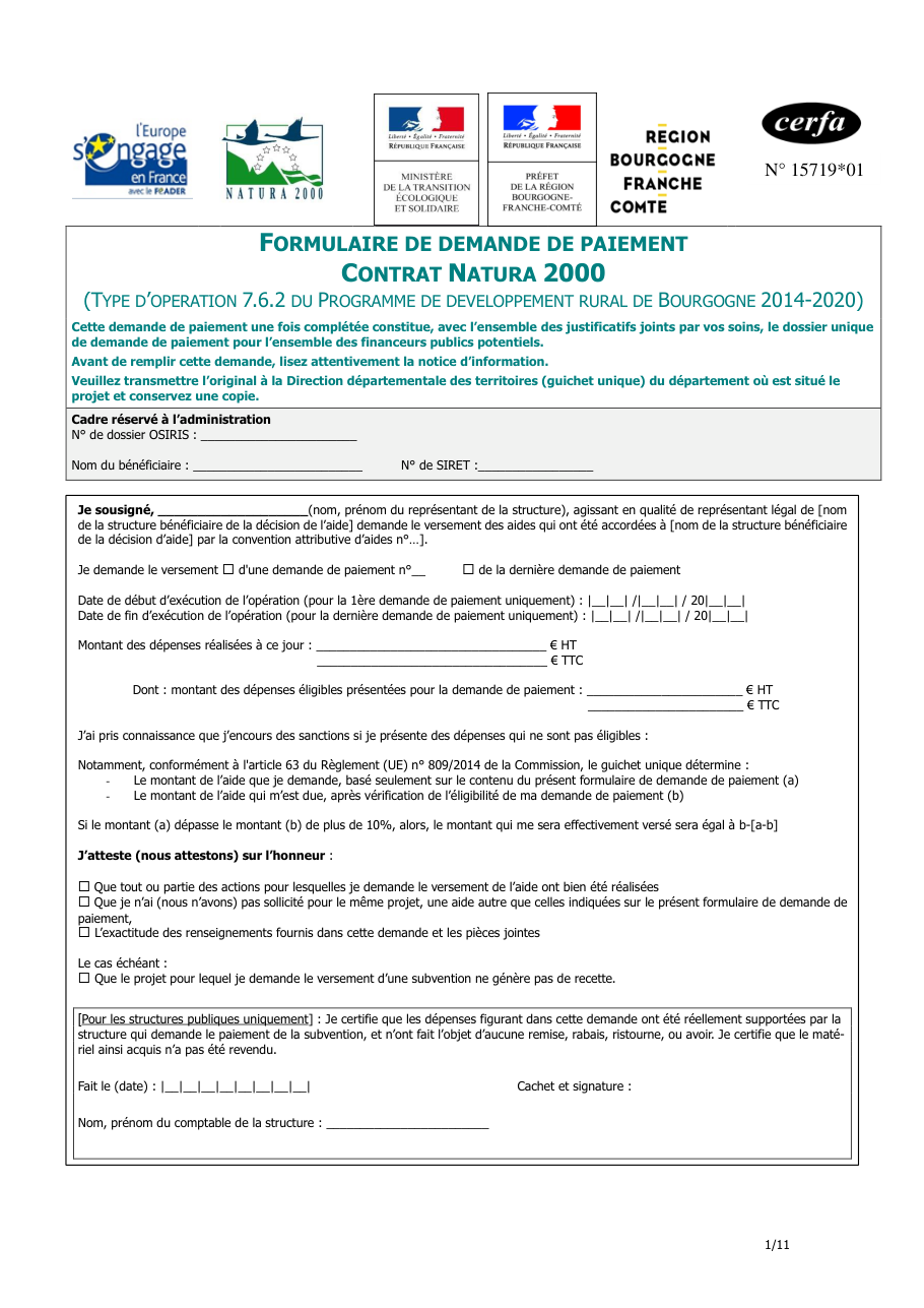 Page 1 du formulaire cerfa 15719 — Formulaire de demande de paiement — contrat Natura 2000