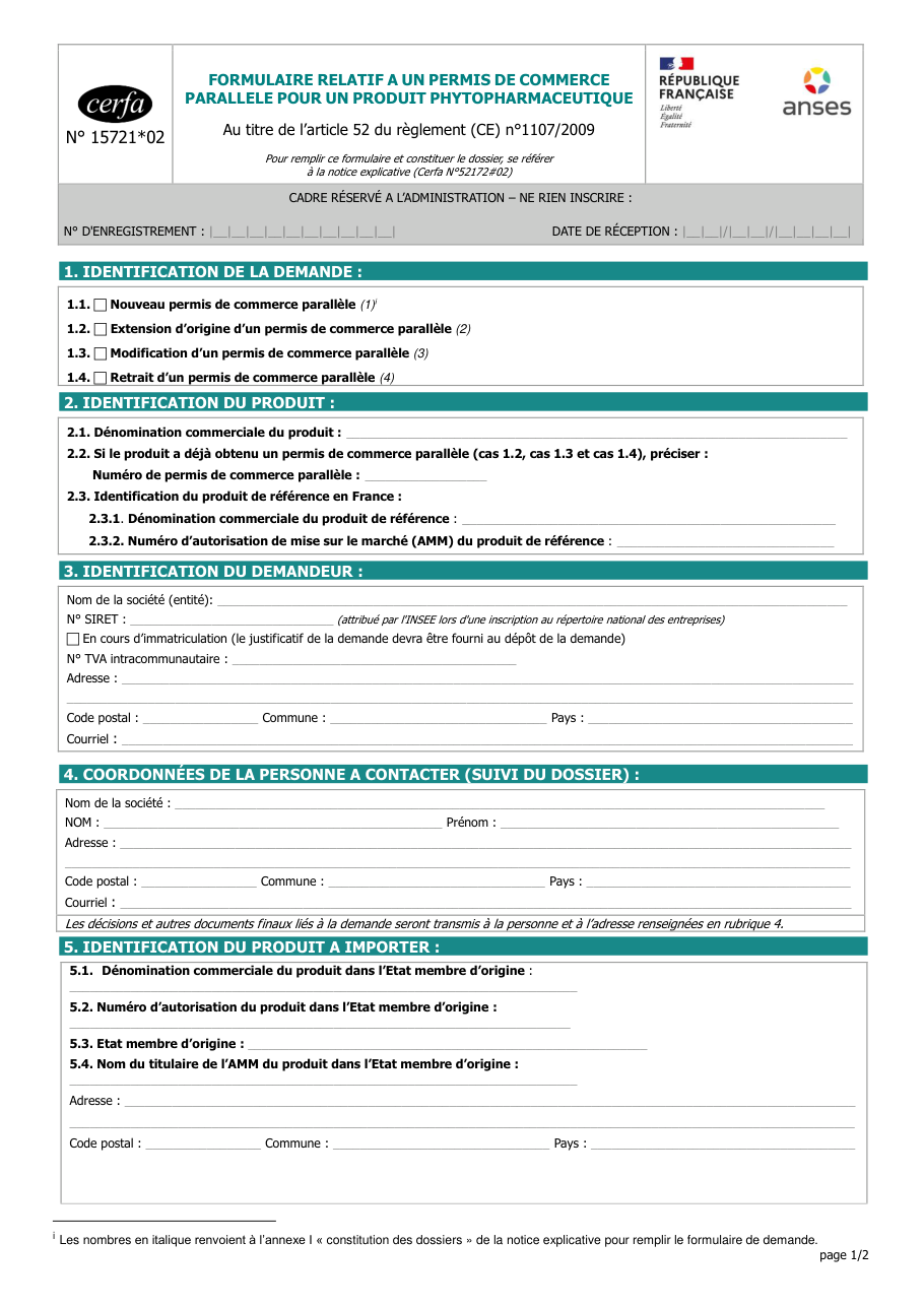 Page 1 du formulaire cerfa 15721 — Formulaire relatif à un permis de commerce parallèle pour un produit phytopharmaceutique