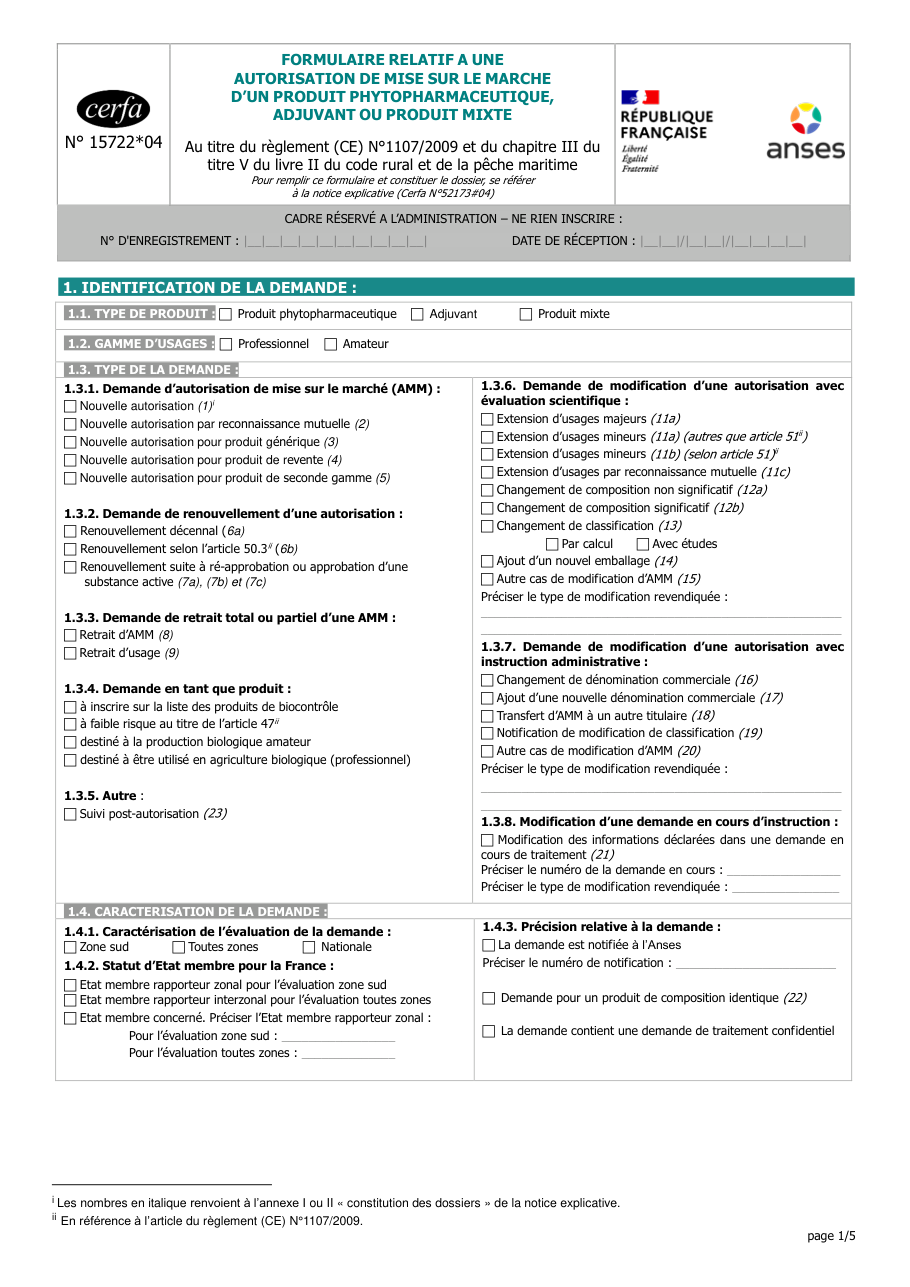 Page 1 du formulaire cerfa 15722 — Autorisation phytopharmaceutique, au titre du règlement (CE) n°1107/2009