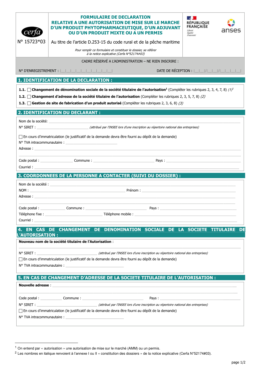 Page 1 du formulaire cerfa 15723 — Déclaration relative à une autorisation de mise sur le marché d'un produit