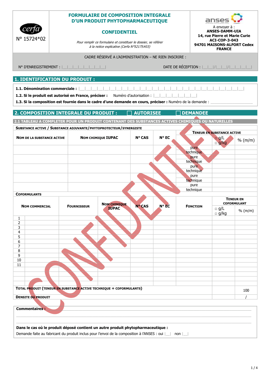 Page 1 du formulaire cerfa 15724 — Déclarer la composition intégrale d'un produit phytopharmaceutique